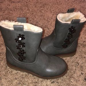Size 2 grey fur lined ankle boots with flowers.